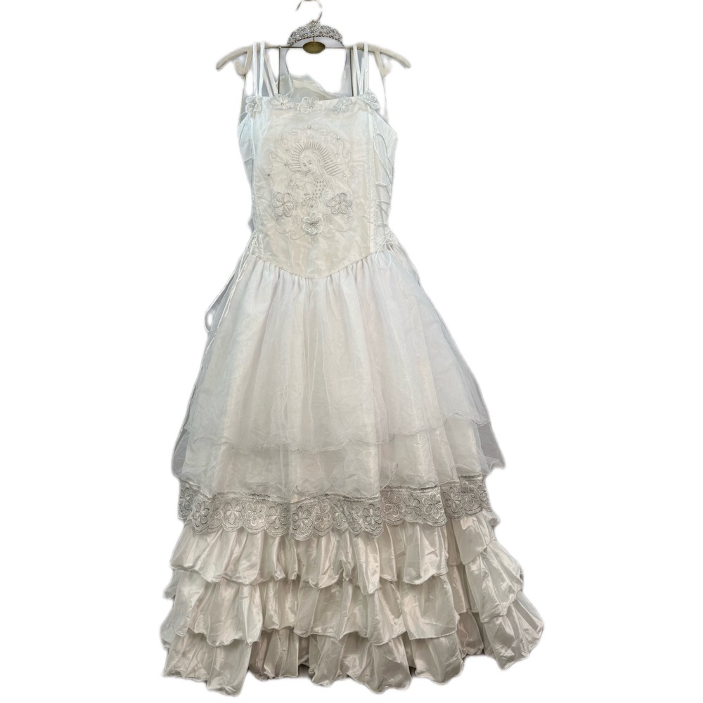 White Virgin Mary Embroidered First Communion Gown with Veil and Tiara Size 14